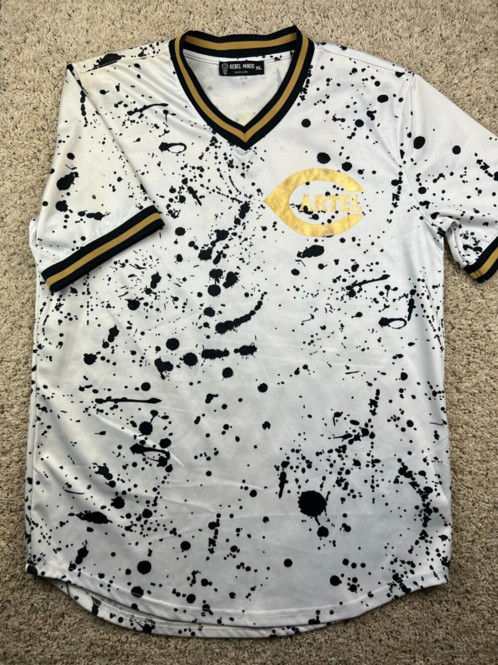 Rebel Minds Cartel Jersey Size XL White Black Gold Paint Splatter Print Cubs